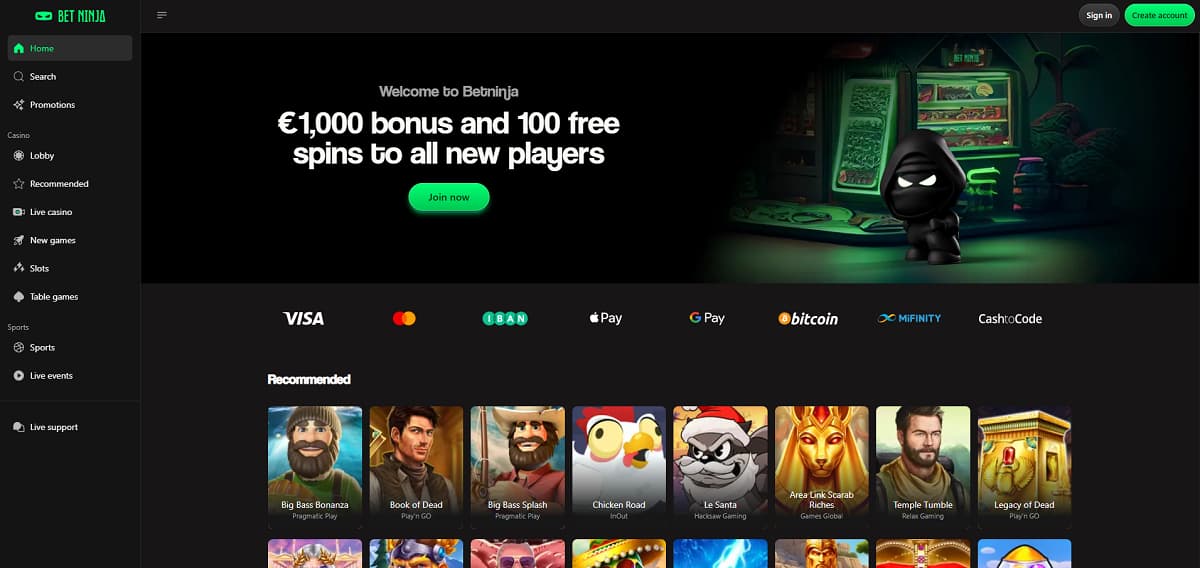 Bei Betninja stehen Schnelligkeit und Diskretion im Vordergrund, was die Plattform zu einer Top-Wahl in der Kategorie Casino ohne Verifizierung macht. Mit spürbar weniger KYC-Hürden und einem extrem schnellen Krypto-Cashier ist das Spielen hier besonders unkompliziert. Der Einstieg wird mit einem dreiteiligen Willkommenspaket von bis zu 1.000 € plus 100 Freispielen belohnt.