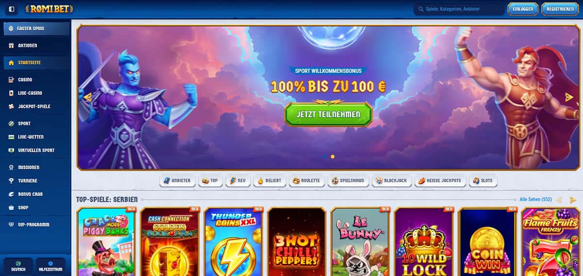 Romibet verbindet erstklassiges Entertainment mit hohem Komfort und etabliert sich als hervorragendes Casino ohne Verifizierung. Hier lassen sich Casino-Spiele und Sportwetten bequem unter einem einzigen Konto nutzen, während die flexible Kasse für reibungslose Abläufe sorgt. Neukunden starten mit einem 100 % Willkommensbonus bis zu 500 € sowie 200 Freispielen.