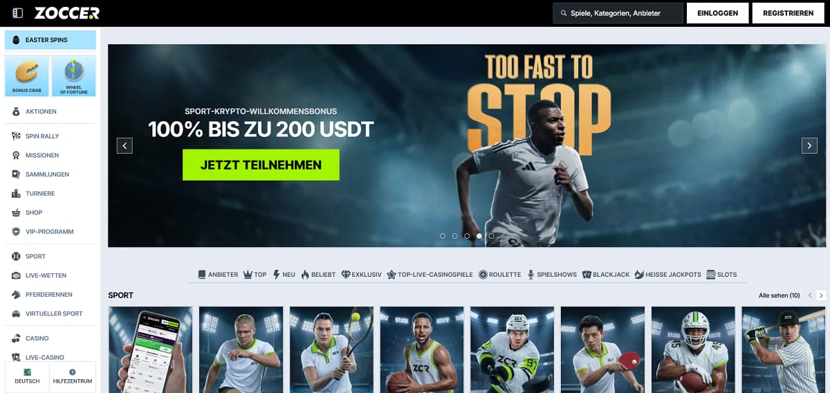Zoccer punktet als vielseitiges Casino ohne Verifizierung mit einer sehr großen Spielauswahl, die optimal auf eine anonymere Nutzung ausgelegt ist. Ergänzt wird das Angebot durch einen zusätzlichen Sportbereich. Zum Start spendiert der Anbieter einen attraktiven 100% Match-Bonus bis zu $750 und packt noch 200 Freispiele obendrauf.